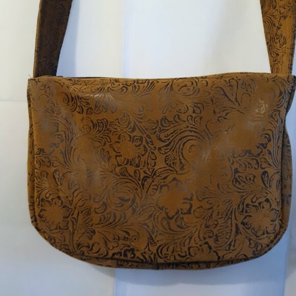 NEW Western Tooled Floral Faux Leather Satchel Shoulder Bag Rich Brown Turquoise - Picture 8 of 11